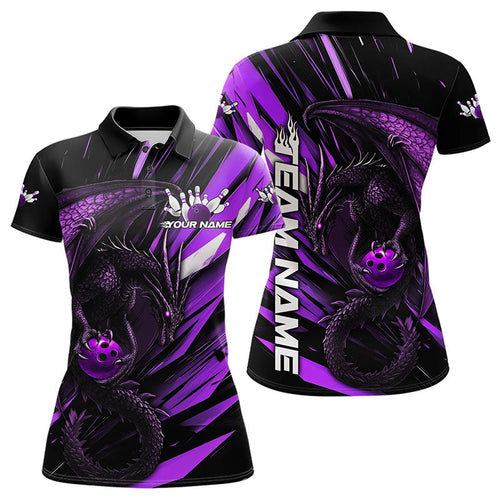Black And Purple Custom Dragon Bowling Team Polo Shirts For Women, Bowling League Shirt IPHW8966