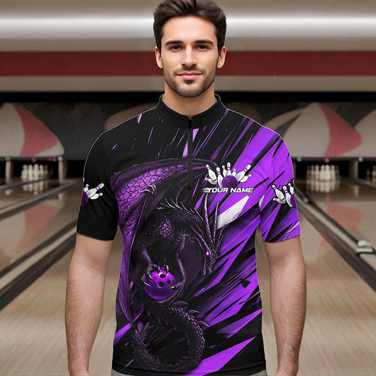 Black And Purple Custom Dragon Bowling Team Quarter-Zip Shirts For Men, Bowling League Shirt IPHW8966
