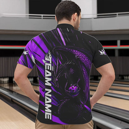 Black And Purple Custom Dragon Bowling Team Quarter-Zip Shirts For Men, Bowling League Shirt IPHW8966