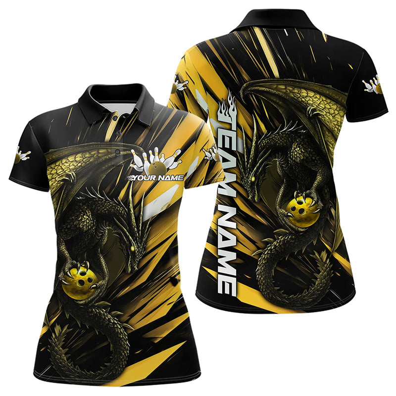 Black And Yellow Custom Dragon Bowling Team Polo Shirts For Women, Bowling League Shirt IPHW8967