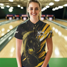 Load image into Gallery viewer, Black And Yellow Custom Dragon Bowling Team Women Quarter-Zip Shirt, Bowling League Shirt IPHW8967