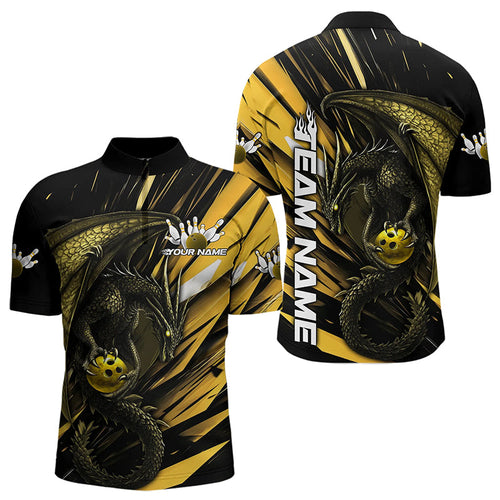 Black And Yellow Custom Dragon Bowling Team Quarter-Zip Shirts For Men, Bowling League Shirt IPHW8967
