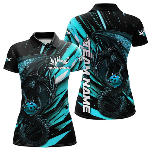 Black And Blue Custom Dragon Bowling Team Polo Shirts For Women, Bowling League Shirt IPHW8968