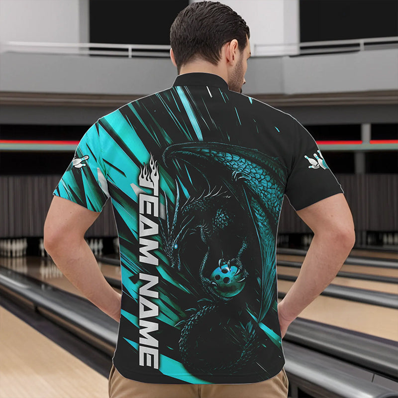 Black And Blue Custom Dragon Bowling Team Quarter-Zip Shirts For Men, Bowling League Shirt IPHW8968