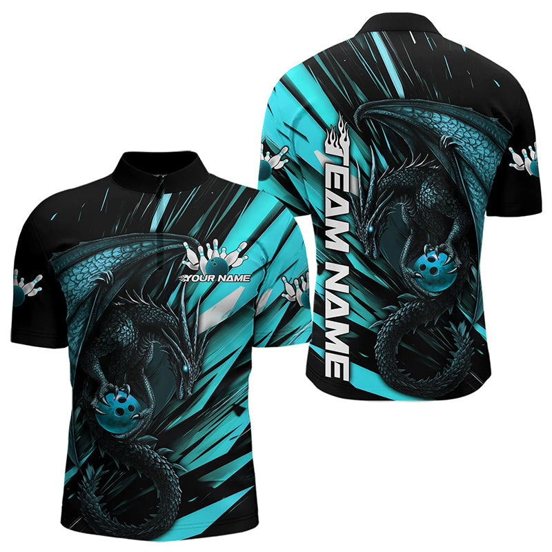 Black And Blue Custom Dragon Bowling Team Quarter-Zip Shirts For Men, Bowling League Shirt IPHW8968