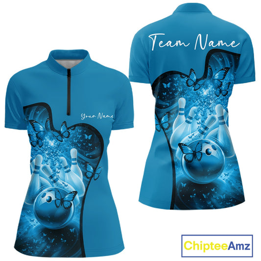Custom Blue Butterfly Bowling Women Team Quarter-Zip Shirt, Ladies Bowlers Outfit IPHW11358