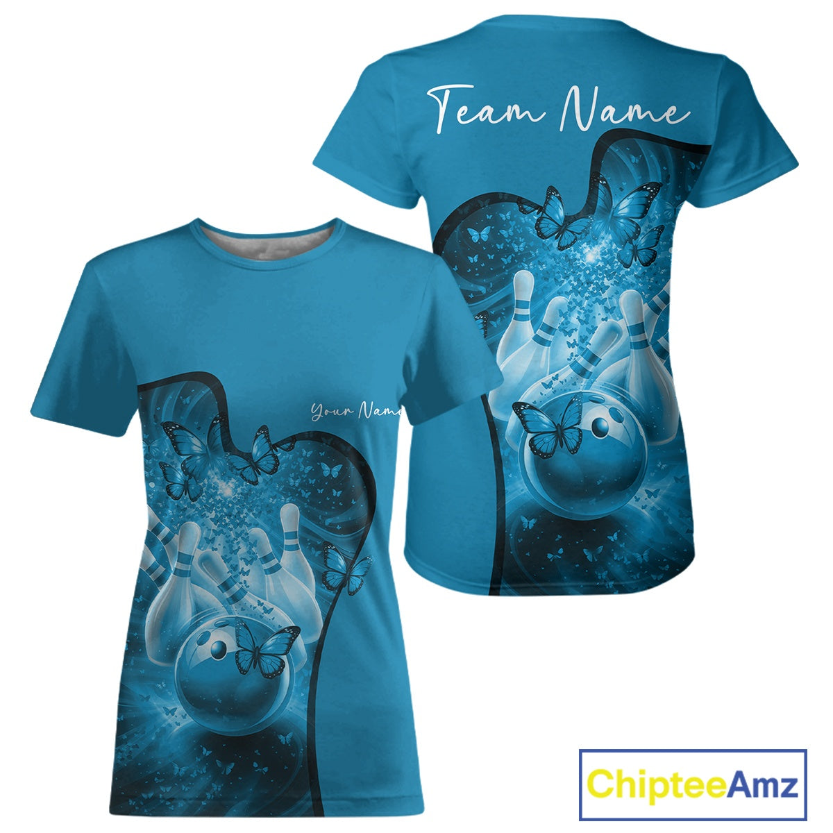 Blue t-shirt with butterfly bowling design and 'Team Name' text on a white background