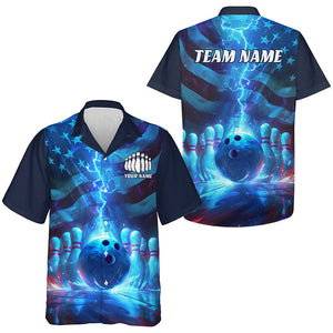 Custom Us Flag Bowling Team Jerseys, Patriotic Blue Lightning Bowling Hawaiian Shirts For Men IPHW6676