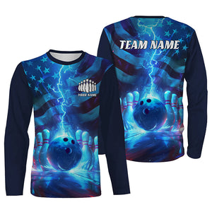 Custom Us Flag Bowling Team Jerseys, Patriotic Blue Lightning Bowling Long Sleeve Shirts For Men IPHW6676