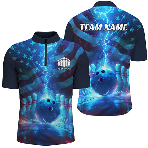 Custom American Flag Bowling Team Jerseys, Patriotic Blue Lightning Bowling Tournament Shirts IPHW6676