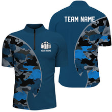 Load image into Gallery viewer, Blue Navy Camo Custom Bowling Polo, Quarter Zip Shirts With Bowler&#39;S Name And Team Name IPHW6679