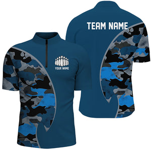 Blue Navy Camo Custom Bowling Polo, Quarter Zip Shirts With Bowler'S Name And Team Name IPHW6679