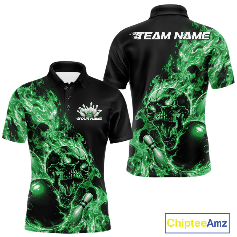 Front and back views of a black bowling polo with green flame graphics, skull artwork, bowling ball and pin details, and customizable name text.