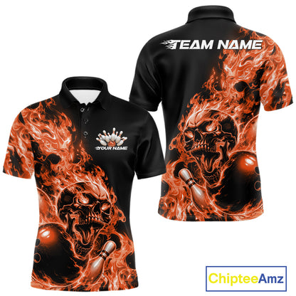 Front and back views of a black bowling polo with orange flame graphics, skull artwork, bowling ball and pin details, and customizable name text.
