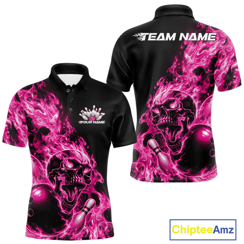 Front and back views of a black bowling polo with pink flame graphics, skull artwork, bowling ball and pin details, and customizable name text.