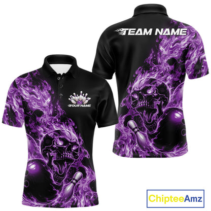 Front and back views of a black bowling polo with purple flame graphics, skull artwork, bowling ball and pin details, and customizable name text.