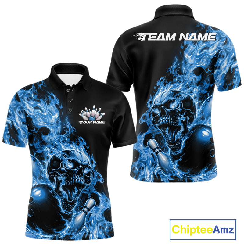 Front and back views of a black bowling polo with skyblue flame graphics, skull artwork, bowling ball and pin details, and customizable name text.