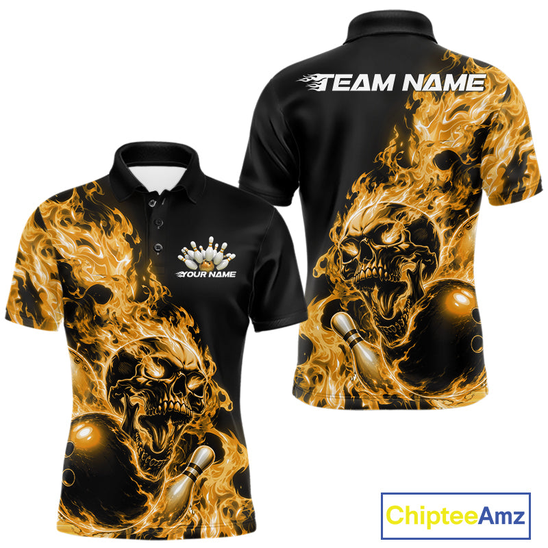 Front and back views of a black bowling polo with yellow flame graphics, skull artwork, bowling ball and pin details, and customizable name text.