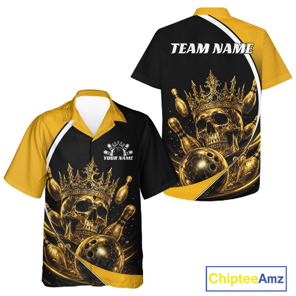 Custom Golden Skull Bowling King Men And Women Button Up Shirt, Halloween Bowling Jersey IPHW11961