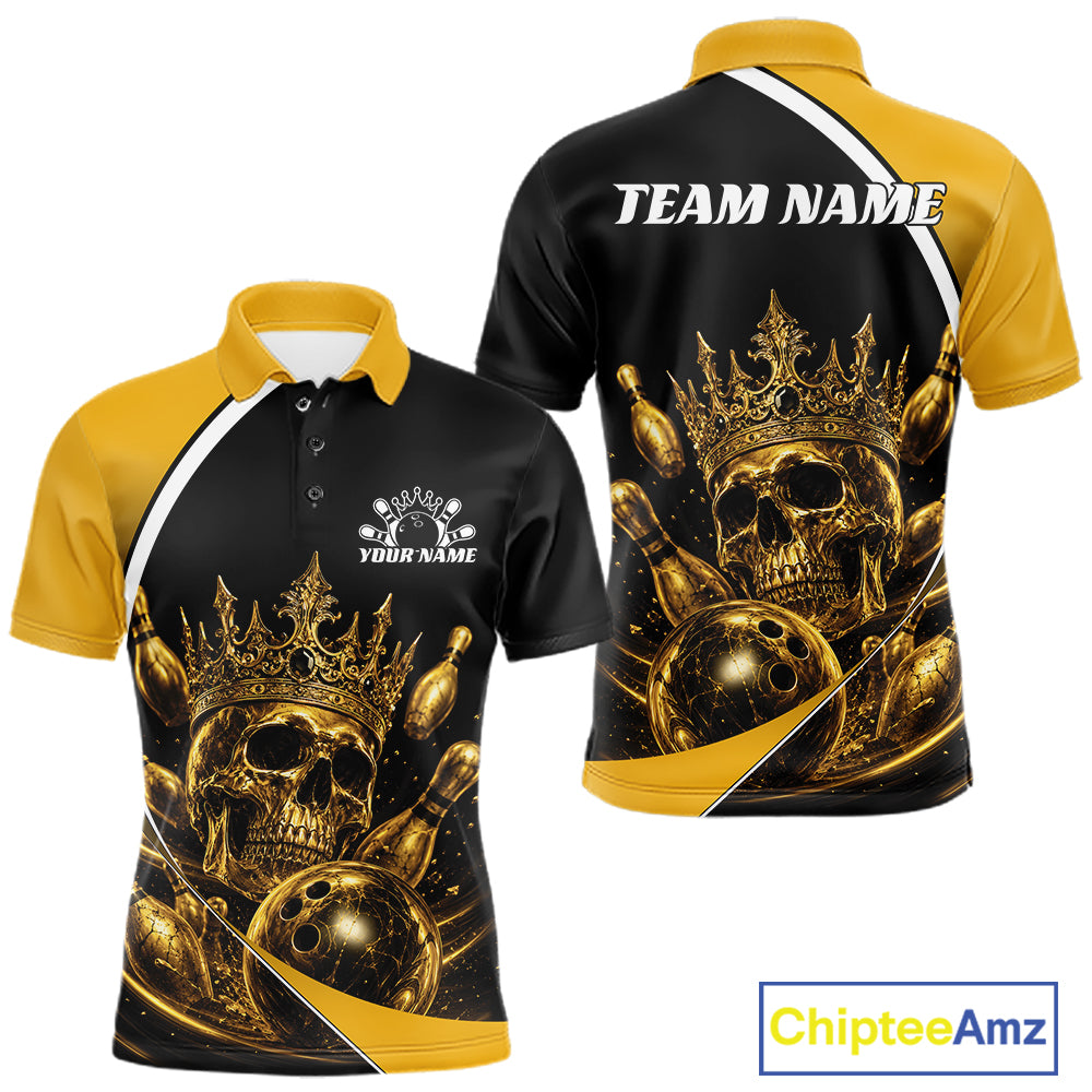 Custom Golden Skull Bowling King Men Polo Shirt, Halloween Bowling Jersey IPHW11961