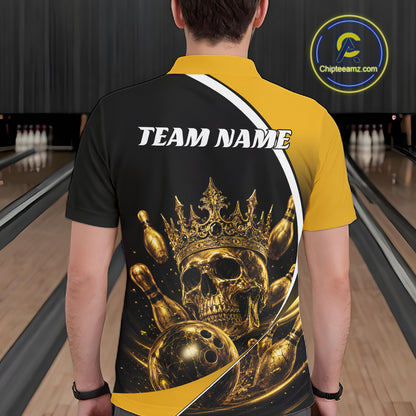 Custom Golden Skull Bowling King Men Polo Shirt, Halloween Bowling Jersey IPHW11961