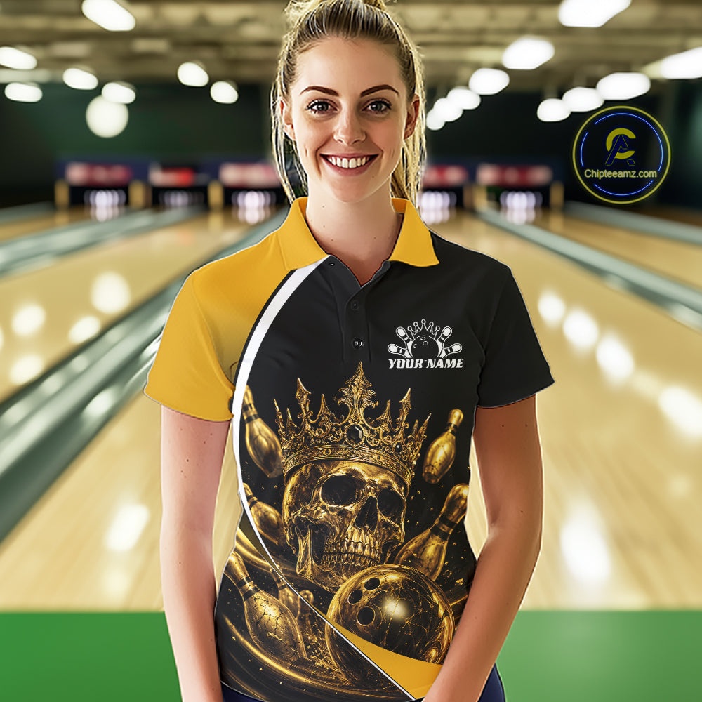 Custom Golden Skull Bowling Queen Women Polo Shirt, Halloween Bowling Jersey IPHW11961