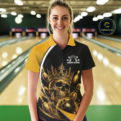 Custom Golden Skull Bowling Queen Women Polo Shirt, Halloween Bowling Jersey IPHW11961