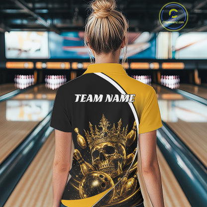 Custom Golden Skull Bowling Queen Women Polo Shirt, Halloween Bowling Jersey IPHW11961