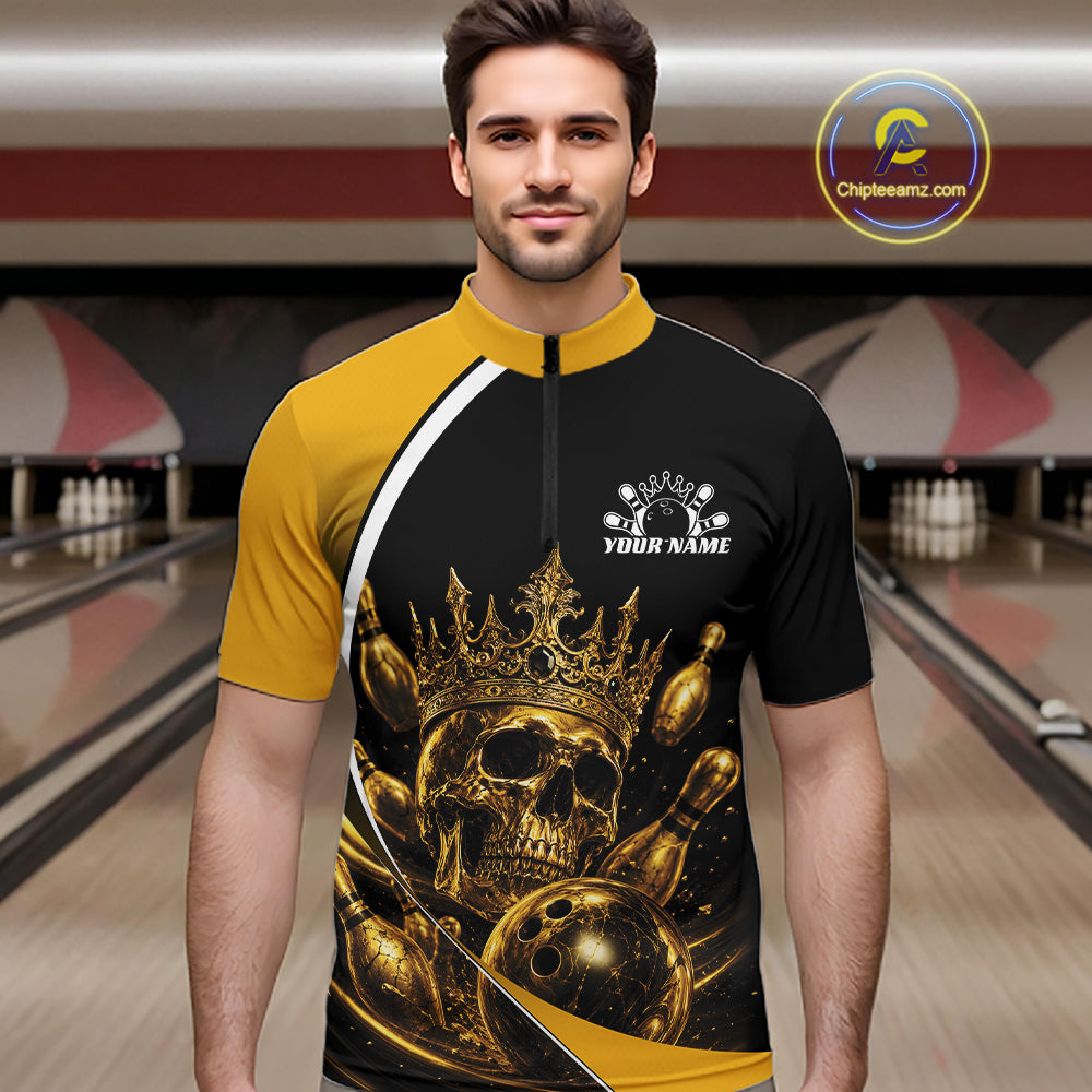 Custom Golden Skull Bowling King Men Quarter Zip Shirt, Halloween Bowling Jersey IPHW11961