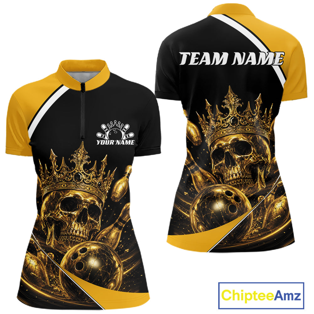 Custom Golden Skull Bowling Queen Women Quarter-Zip Shirt, Halloween Bowling Jersey IPHW11961