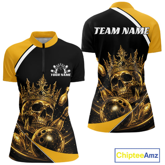 Custom Golden Skull Bowling Queen Women Quarter-Zip Shirt, Halloween Bowling Jersey IPHW11961