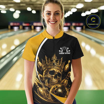 Custom Golden Skull Bowling Queen Women Quarter-Zip Shirt, Halloween Bowling Jersey IPHW11961