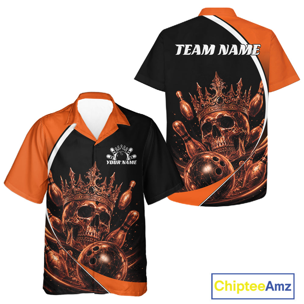 Custom Orange Skull Bowling King Men And Women Button Up Shirt, Halloween Bowling Jersey IPHW11962