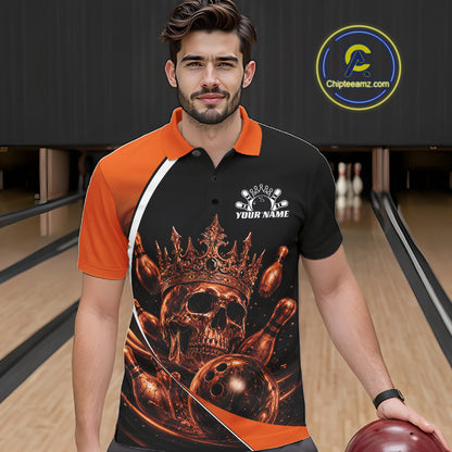 Custom Orange Skull Bowling King Men Polo Shirt, Halloween Bowling Jersey IPHW11962