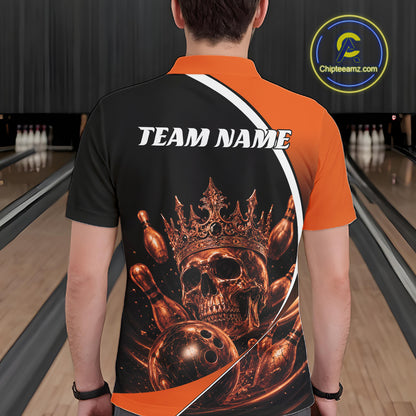 Custom Orange Skull Bowling King Men Polo Shirt, Halloween Bowling Jersey IPHW11962