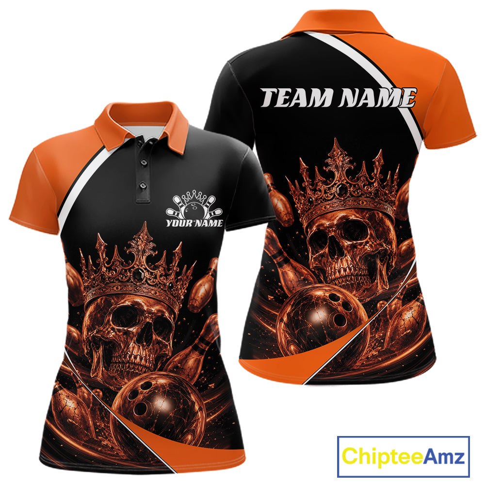 Custom Orange Skull Bowling Queen Women Polo Shirt, Halloween Bowling Jersey IPHW11962