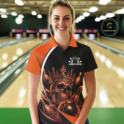 Custom Orange Skull Bowling Queen Women Polo Shirt, Halloween Bowling Jersey IPHW11962