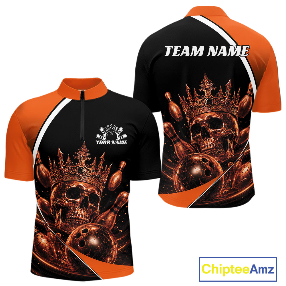 Custom Orange Skull Bowling King Men Quarter Zip Shirt, Halloween Bowling Jersey IPHW11962