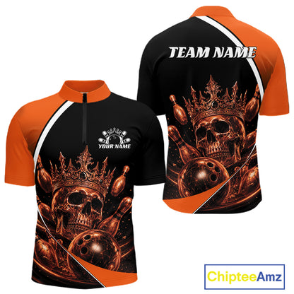 Custom Orange Skull Bowling King Men Quarter Zip Shirt, Halloween Bowling Jersey IPHW11962