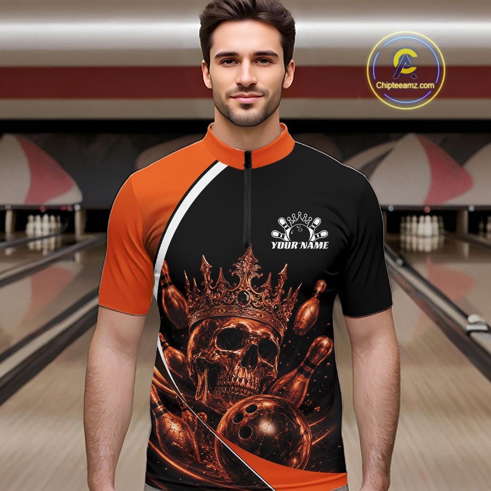 Custom Orange Skull Bowling King Men Quarter Zip Shirt, Halloween Bowling Jersey IPHW11962