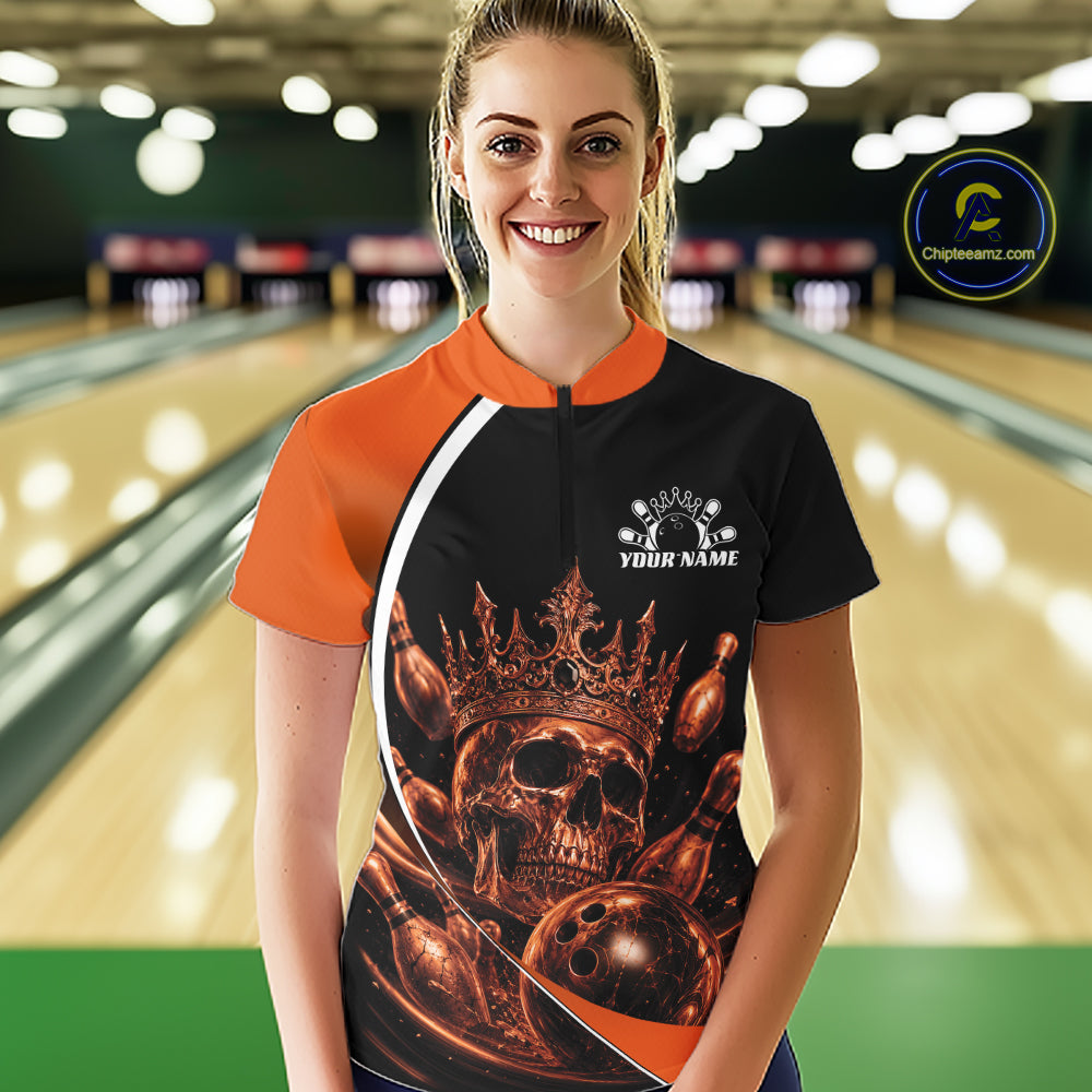 Custom Orange Skull Bowling Queen Women Quarter-Zip Shirt, Halloween Bowling Jersey IPHW11962