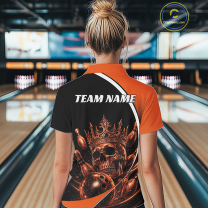 Custom Orange Skull Bowling Queen Women Quarter-Zip Shirt, Halloween Bowling Jersey IPHW11962