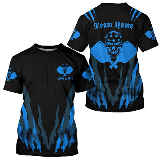 Black And Blue Custom Skull Pickleball T-Shirts For Men, Pickleball Tournament Shirt Team Uniform IPHW7758
