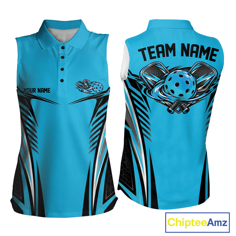 Custom Blue Pickleball Women Sleeveless Polo Shirt Matching Team Tournament Outfit IPHW12749