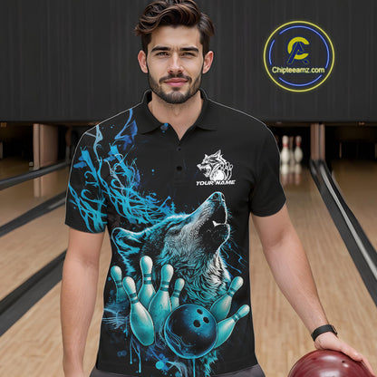 Custom Blue Wolf Howling Men Polo Shirt, Wolf Bowling Team Jerseys IPHW10158