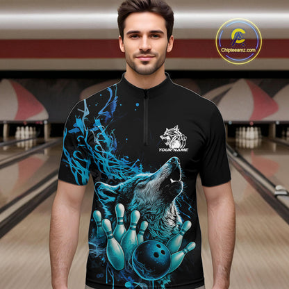 Custom Blue Wolf Howling Men Quarter-Zip Shirt, Wolf Bowling Team Jerseys IPHW10158