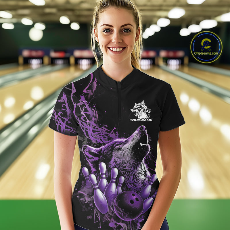 Custom Purple Wolf Howling Women Quarter-Zip Shirt, Wolf Bowling Team Jerseys IPHW10159