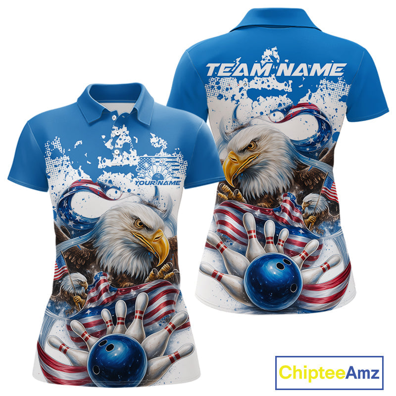 Custom Patriotic US Flag Eagle Bowling Women Shirt, USA Bowling Team League Shirt IPHW10164