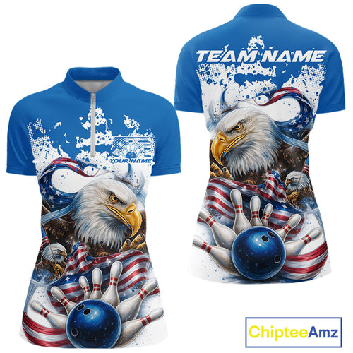 Custom Patriotic US Flag Eagle Bowling Women Shirt, USA Bowling Team League Shirt IPHW10164