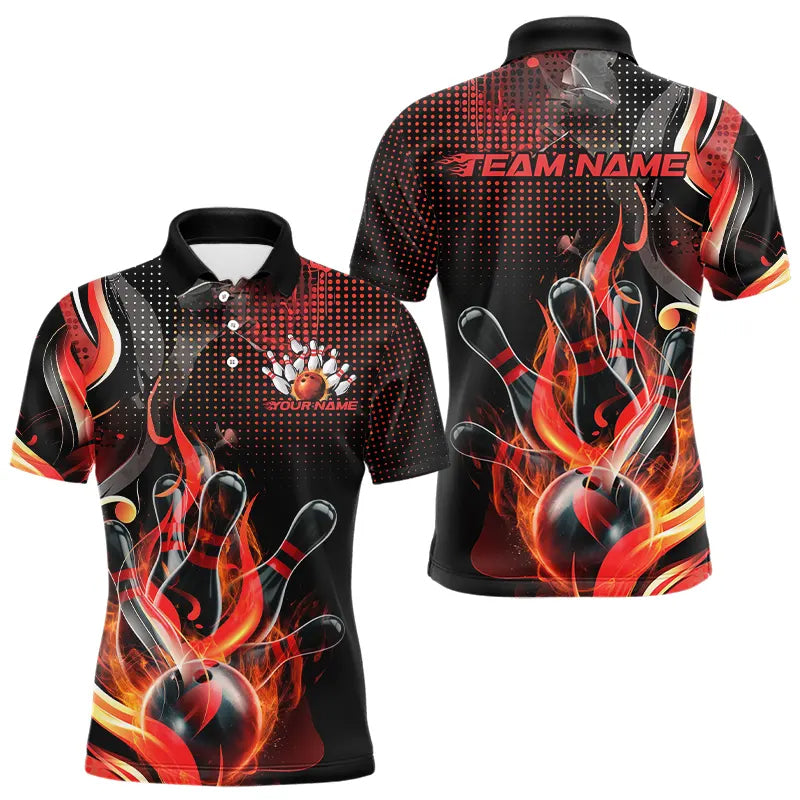 Custom Black And Red Flame Bowling Polo Shirts For Men, Fire Bowling League Shirt IPHW8240